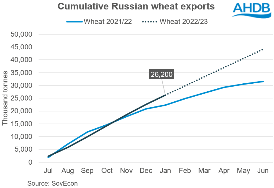Graph showing cumulative Russian wheat exports in 2021/22 and 2022/23